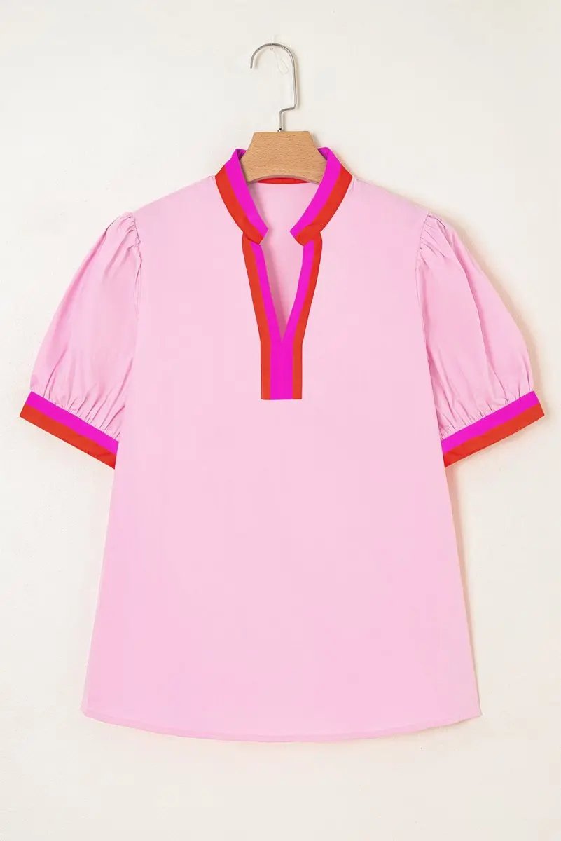 Pink Contrast Striped V Neck Puff Sleeve Blouse - Love Salve